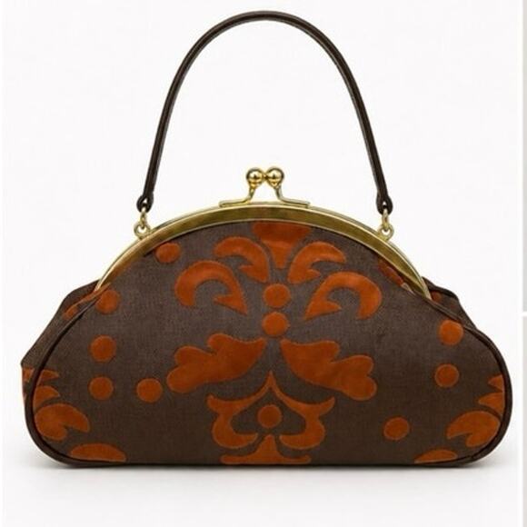 Murval Handbags - Murval Brown Velvet Flocked Handbag Purse Gold Kiss Lock Frame Retro 10”x 6”x 4”